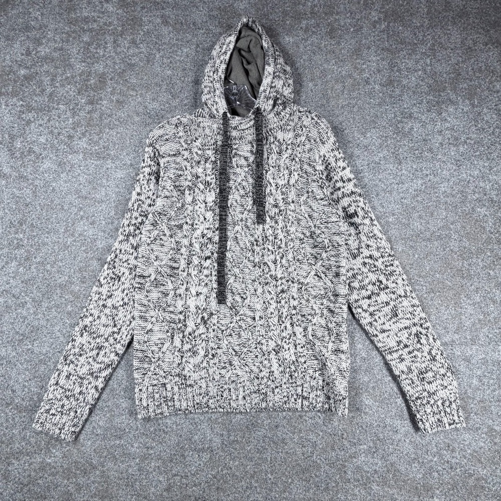 Fried Denim Premium Men's Cable Knit Hoodie Sweater Gray Black Marled Pullover